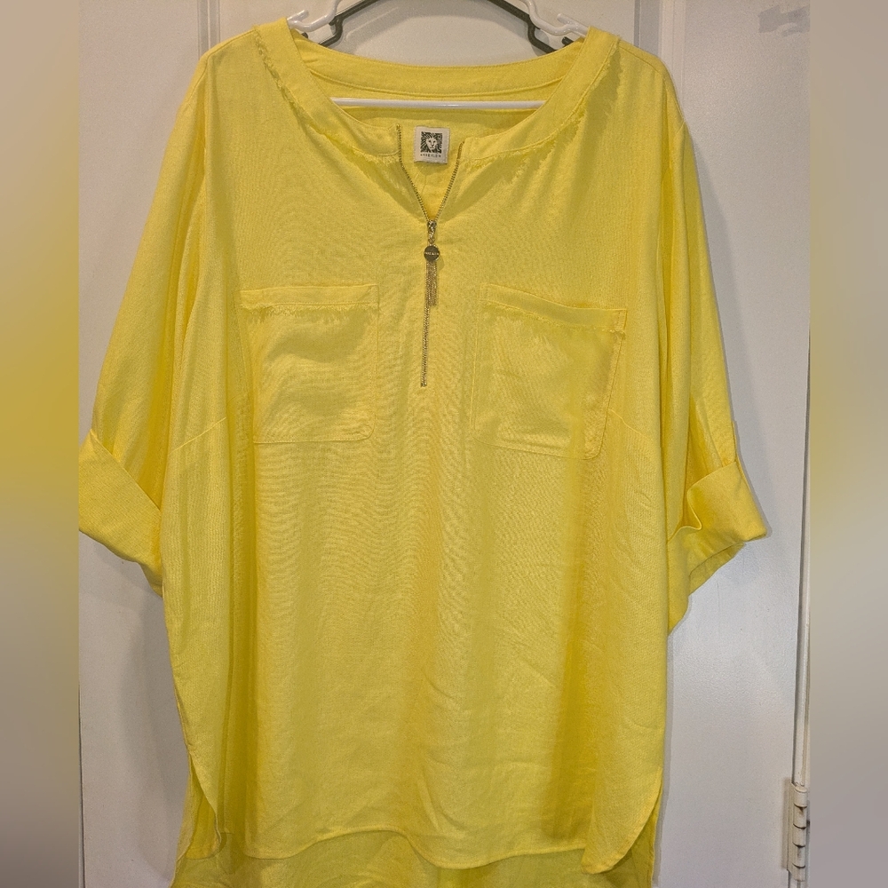 Anne Klein Yellow Zip Neck Blouse Batwing Sleeve Pocket Top Size Unknown